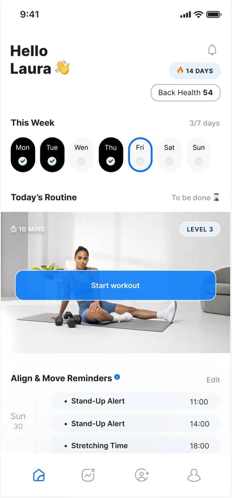 Home screen of the Backed app with reminders and today’s routine